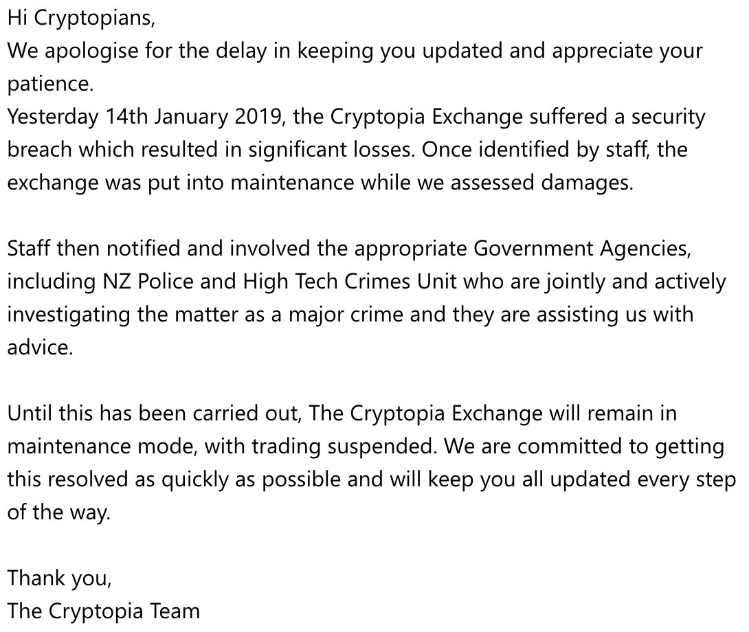 Cryptopia（クリプトピア）　ハッキング　2019